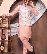Pink jacquard work nehru jacket roman silk men kurta set