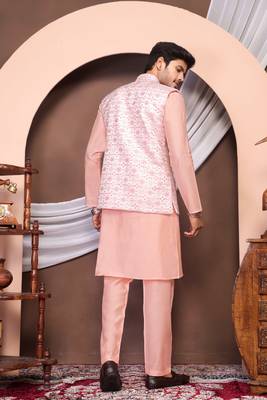 Pink jacquard work nehru jacket roman silk men kurta set 2