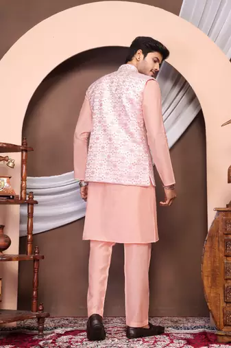 Pink jacquard work nehru jacket roman silk men kurta set