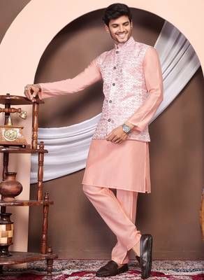 Pink jacquard work nehru jacket roman silk men kurta set 3