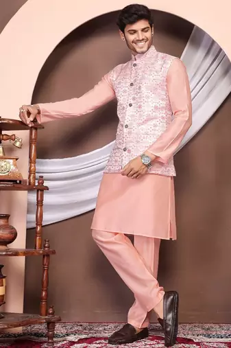 Pink jacquard work nehru jacket roman silk men kurta set