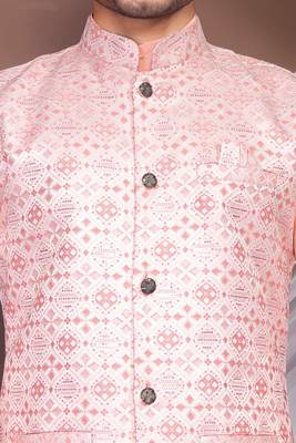 Pink jacquard work nehru jacket roman silk men kurta set 4
