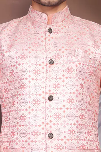 Pink jacquard work nehru jacket roman silk men kurta set