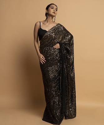 Black georgette embroidered saree with embroidered blouse & belt 1