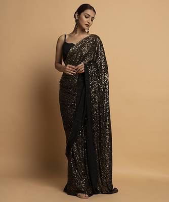 Black georgette embroidered saree with embroidered blouse & belt 2