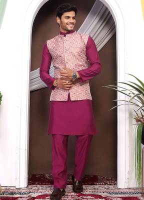 Wine jacquard work nehru jacket roman silk men kurta set 1