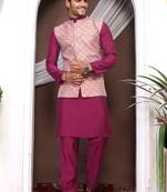 Wine jacquard work nehru jacket roman silk men kurta set