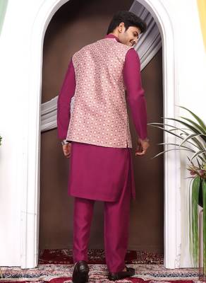 Wine jacquard work nehru jacket roman silk men kurta set 2