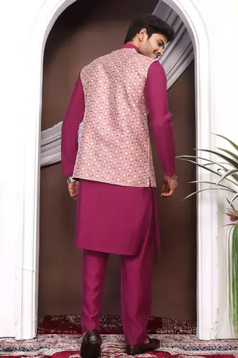 Wine jacquard work nehru jacket roman silk men kurta set