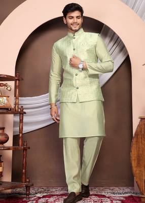 Olive jacquard work nehru jacket roman silk men kurta set 1