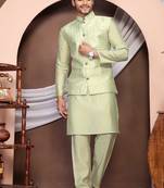 Olive jacquard work nehru jacket roman silk men kurta set
