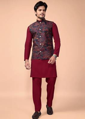 Multicolor jacquard work nehru jacket roman silk men kurta set 1