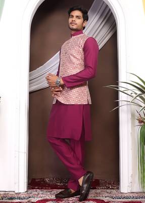 Wine jacquard work nehru jacket roman silk men kurta set 3