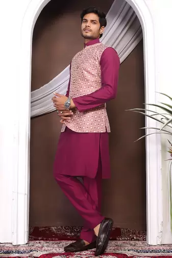 Wine jacquard work nehru jacket roman silk men kurta set
