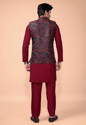 Multicolor jacquard work nehru jacket roman silk men kurta set 2