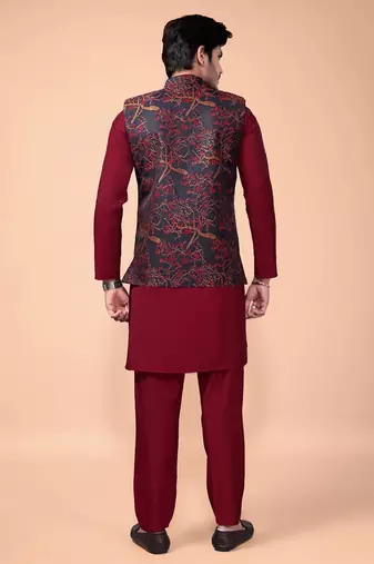 Multicolor jacquard work nehru jacket roman silk men kurta set