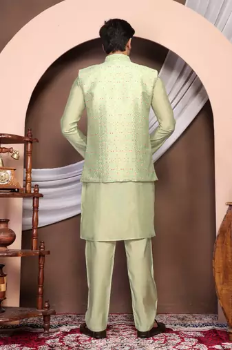 Olive jacquard work nehru jacket roman silk men kurta set