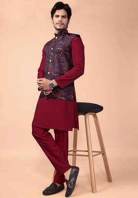 Multicolor jacquard work nehru jacket roman silk men kurta set 3