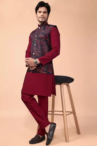 Multicolor jacquard work nehru jacket roman silk men kurta set