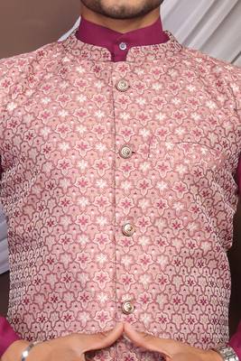 Wine jacquard work nehru jacket roman silk men kurta set 4
