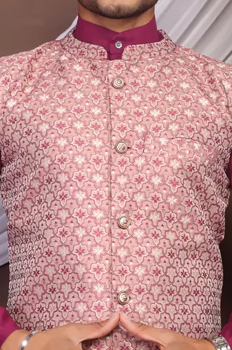 Wine jacquard work nehru jacket roman silk men kurta set