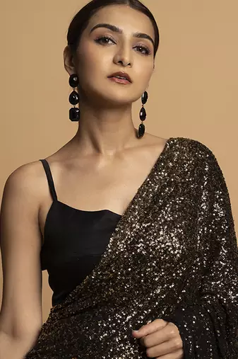 Black georgette embroidered saree with embroidered blouse & belt