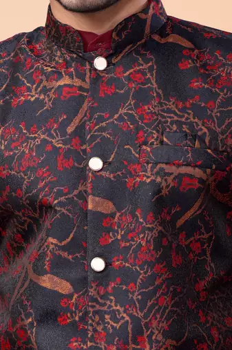 Multicolor jacquard work nehru jacket roman silk men kurta set