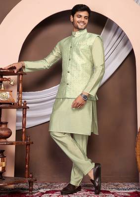 Olive jacquard work nehru jacket roman silk men kurta set 3