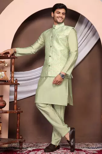 Olive jacquard work nehru jacket roman silk men kurta set