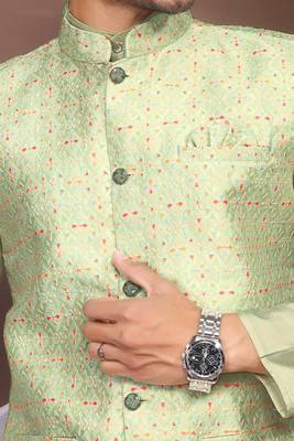 Olive jacquard work nehru jacket roman silk men kurta set 4