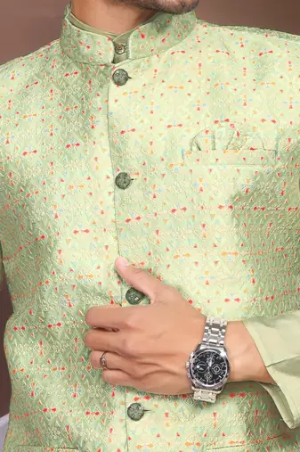 Olive jacquard work nehru jacket roman silk men kurta set