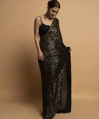 Black georgette embroidered saree with embroidered blouse & belt 4