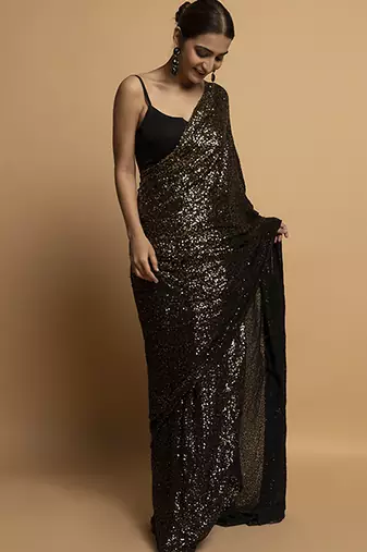 Black georgette embroidered saree with embroidered blouse & belt