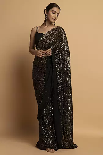 Black georgette embroidered saree with embroidered blouse & belt