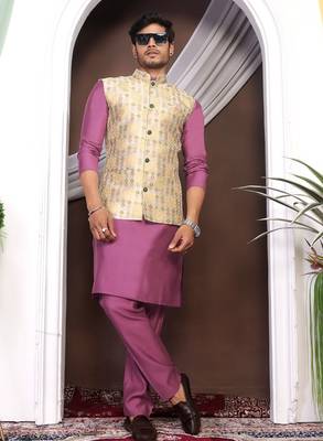 Purple jacquard work nehru jacket roman silk men kurta set 1
