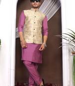 Purple jacquard work nehru jacket roman silk men kurta set