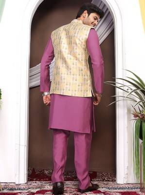 Purple jacquard work nehru jacket roman silk men kurta set 2