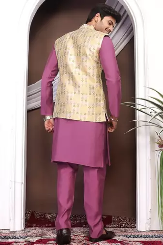Purple jacquard work nehru jacket roman silk men kurta set