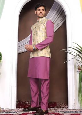 Purple jacquard work nehru jacket roman silk men kurta set 3