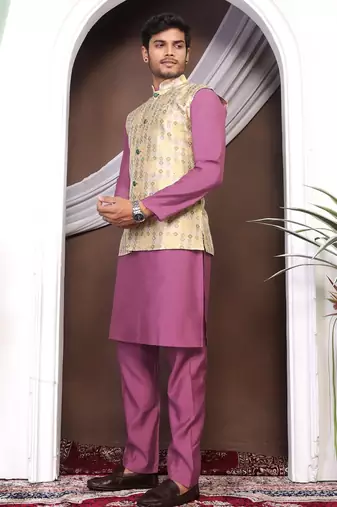 Purple jacquard work nehru jacket roman silk men kurta set