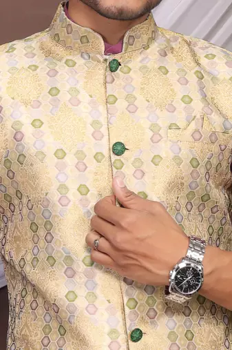 Purple jacquard work nehru jacket roman silk men kurta set