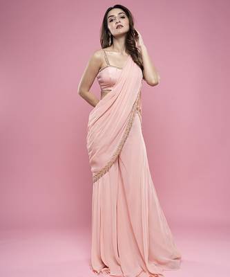 Pink chiffon plain saree with embroidered blouse 1