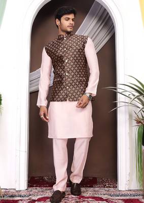 Maroon jacquard work nehru jacket roman silk men kurta set 1