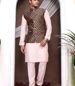 Maroon jacquard work nehru jacket roman silk men kurta set