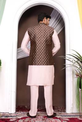 Maroon jacquard work nehru jacket roman silk men kurta set 2