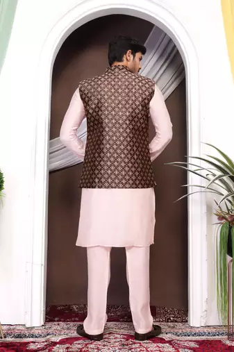 Maroon jacquard work nehru jacket roman silk men kurta set