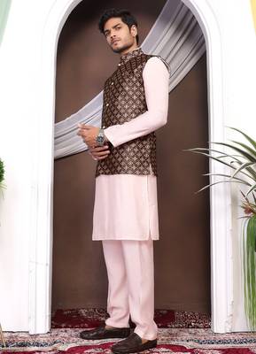 Maroon jacquard work nehru jacket roman silk men kurta set 3