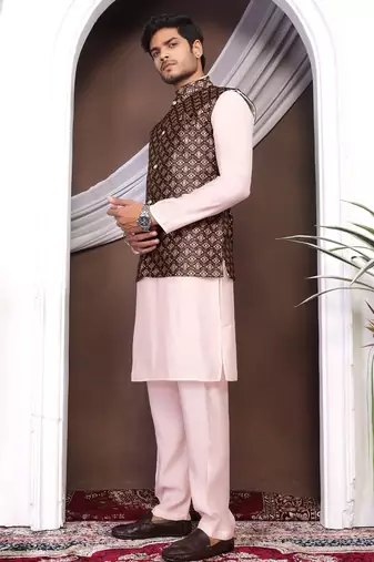 Maroon jacquard work nehru jacket roman silk men kurta set