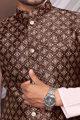 Maroon jacquard work nehru jacket roman silk men kurta set 4