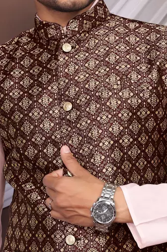 Maroon jacquard work nehru jacket roman silk men kurta set